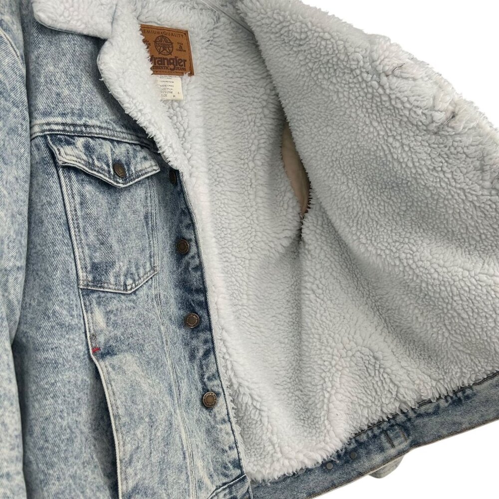Vintage 80s Wrangler Trucker Jean Jacket Acid Snow Wash Sherpa Western Outlaw M - Picture 6 of 16
